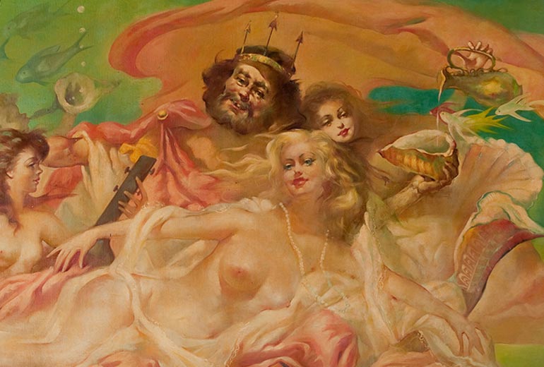 Julian Ritter – Bimbo’s Silver Slippers Collection Julian Ritter - Bimbo's 365 Club Collection, SILVER SLIPPER COLLECTION - From the Private Vault of Howard Hughes, Circa 1950, 30 x 50, Oil on Masonite, Original Frame.